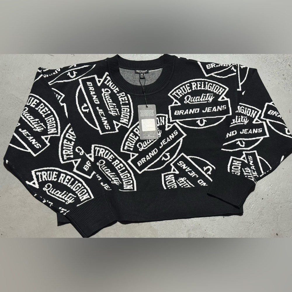True Religion Women’s Sweater in Black with White Logo Pattern